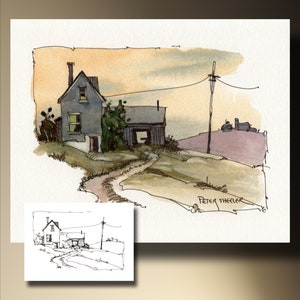 Peindre le long de la ferme au crépuscule, coloriage, impression murale aquarelle et carte de voeux. Art imprimable, téléchargement immédiat Peter Sheeler