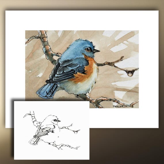 水彩画プリント、白黒塗り絵プリント、グリーティングカード、青い鳥