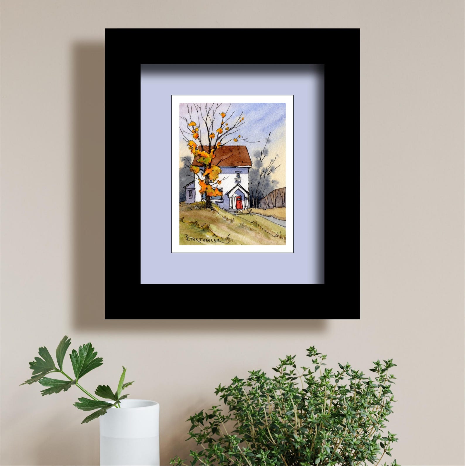 Autumn Farmhouse Coloring Page, Fall Foliage Watercolor Fine Art Wall ...