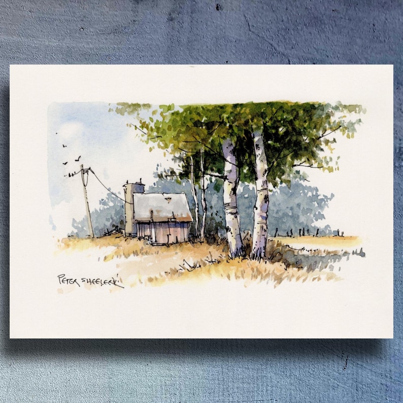Paint Along Farm and Birch Coloring Page, Line and Wash Watercolor ...