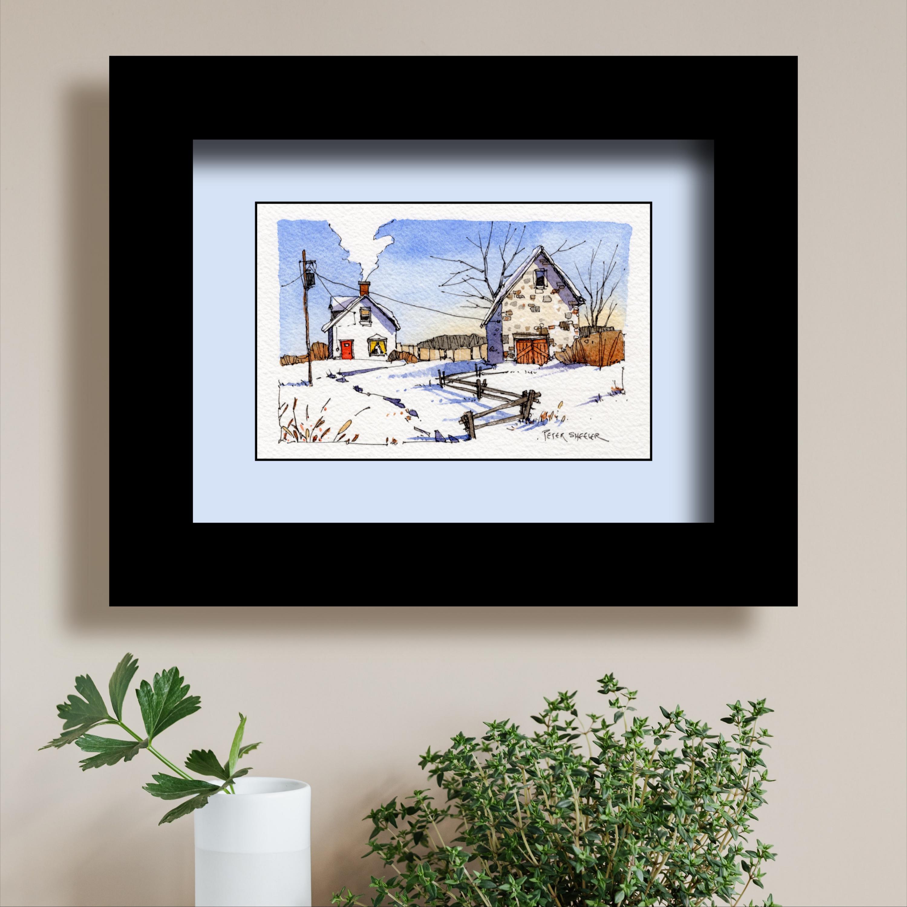 Winter Farm Coloring Page, Old Stone Barn Watercolor Fine Art Print ...