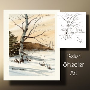 Peignez le long du bouleau, page à colorier, ombres d’hiver aquarelle Impression murale d’art et carte de vœux. Téléchargement instantané Peter Sheeler