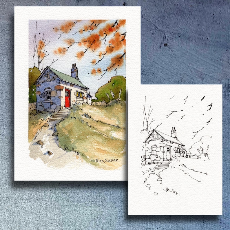 Autumn Farmhouse Coloring Page and Line and Wash Watercolor Peter ...