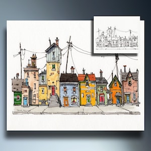 May include: A watercolour illustration of a row of colourful houses with black outlines. The houses are all different shapes and sizes, and some have chimneys. There are power lines running overhead. The illustration is signed "Roger Smelick".