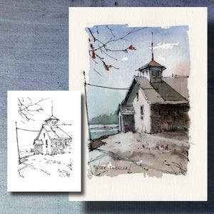 May include: Watercolor and ink painting of a white barn with a cupola, set against a blue sky. A smaller black and white sketch of the same barn is to the left. The artist's signature, "Peter Shegler", is visible.