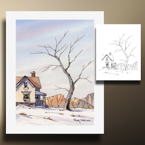 Peignez le long de la page de coloriage d'une ferme d'hiver, d'une impression murale d'art aquarelle et d'une carte de voeux. Imprimable à téléchargement immédiat Peter Sheeler