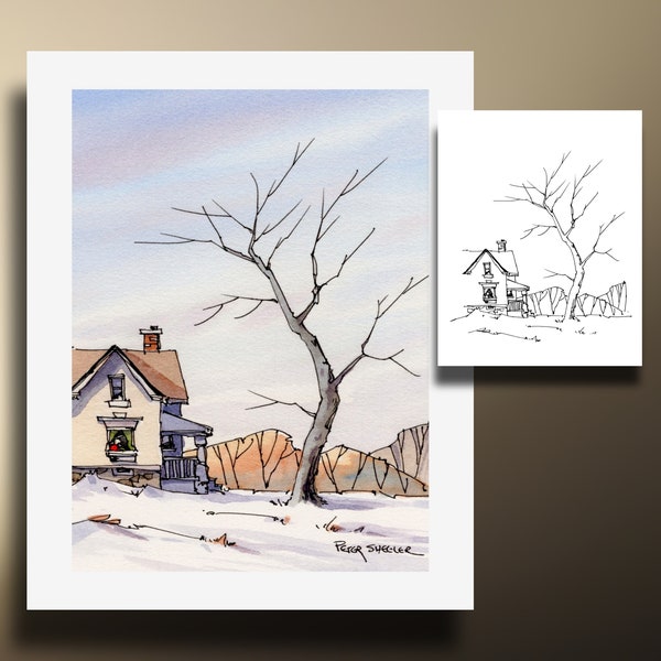 Paint along Winter Farmhouse Coloring Page, Watercolor Fine art wall print and greeting card. Printable Instant Download Peter Sheeler