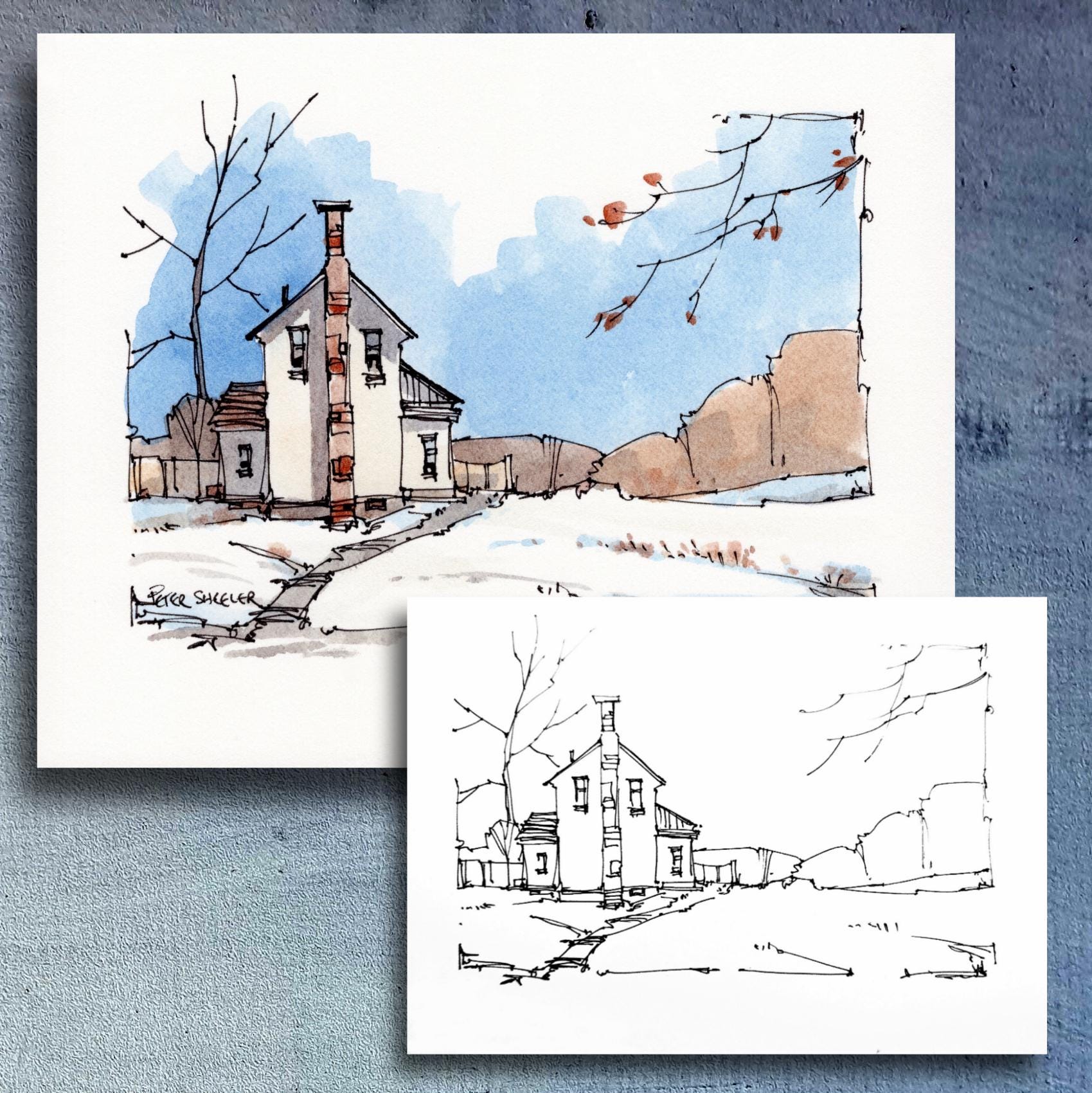 Winter Farmhouse Watercolor Print and Fine Art Greeting Card, Line and ...