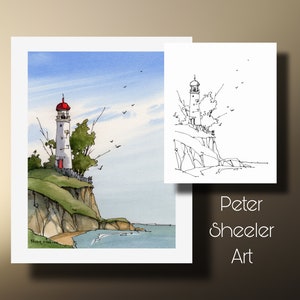 Disegno da colorare "Dipingi lungo il faro", paesaggio ad acquerello, stampa artistica e biglietto d'auguri. Arte stampabile, download immediato, Peter Sheeler