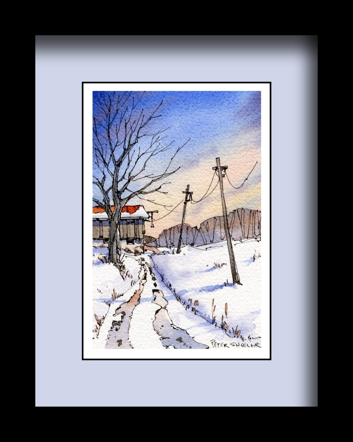 Winter Farm Lane Coloring Page, Old Barn Watercolor Fine Art Print ...