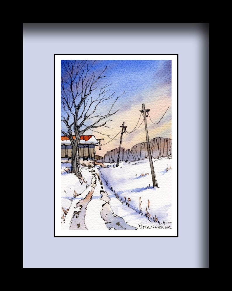 Winter Farm Lane Coloring Page, Old Barn Watercolor Fine Art Print ...