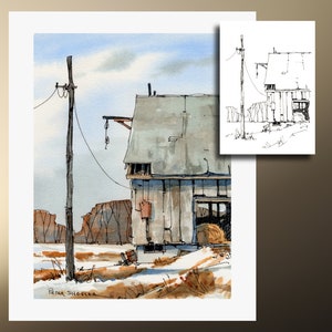 Peignez le long de la page à colorier de la grange de la ferme et de la neige, impression murale d'art aquarelle et carte de voeux. Imprimable à téléchargement immédiat Peter Sheeler