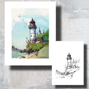 新しい灯台に沿ってペイントする塗り絵ページ、水彩風景ファインアートプリント5 x 7と8 x 10。印刷可能なアート、即時ダウンロードPeter Sheeler