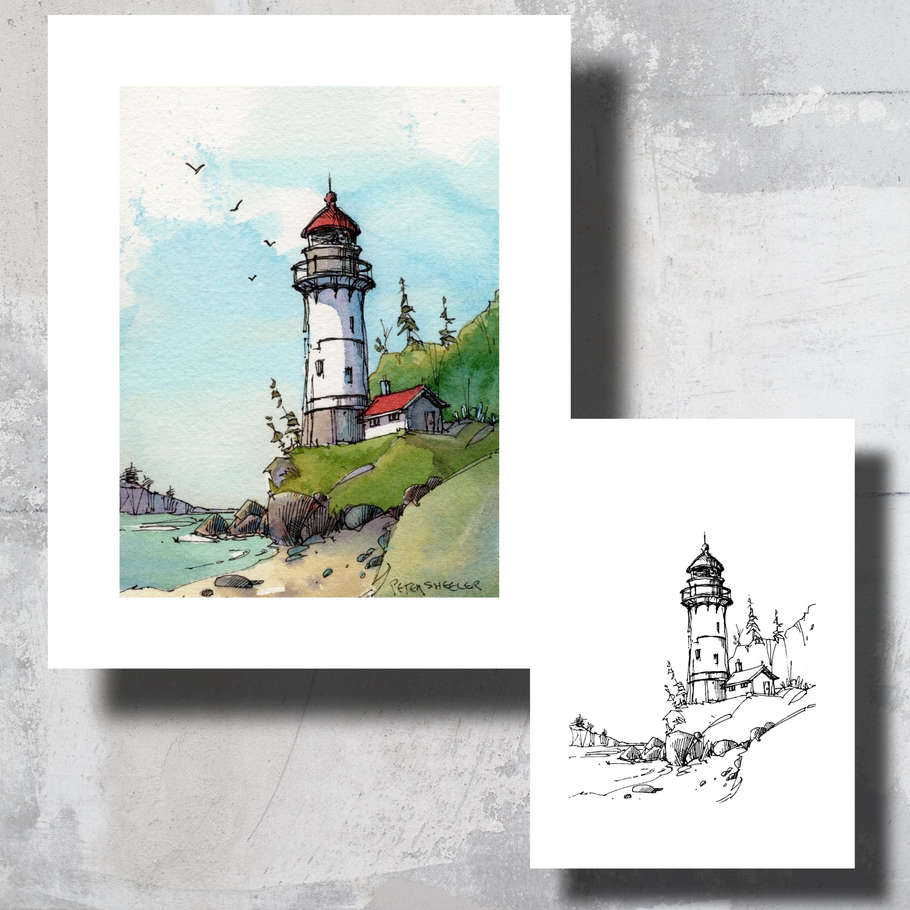 灯台の塗り絵、水彩風景画、ファインアートプリント 5 x 7 および 8 x