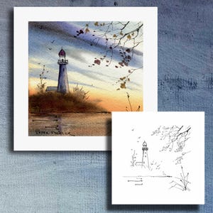 Sunset Lighthouse with birds in flight Coloring Page,  Watercolor Fine art print. Peter Sheeler, sheelerart