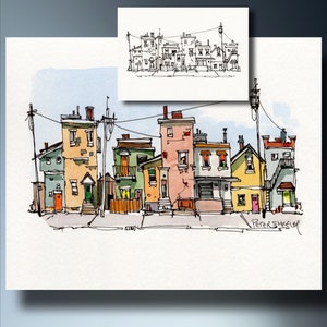 Peignez le long de la page à colorier City Street, impression murale d'art aquarelle et carte de voeux. Art imprimable, téléchargement immédiat Peter Sheeler