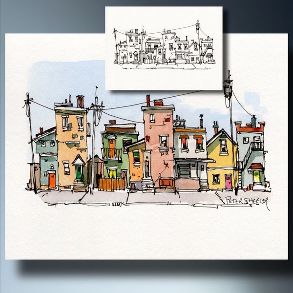 Paint along City Street Coloring Page, Watercolor Fine art wall print and greeting card. Printable Art, Instant Download Peter Sheeler