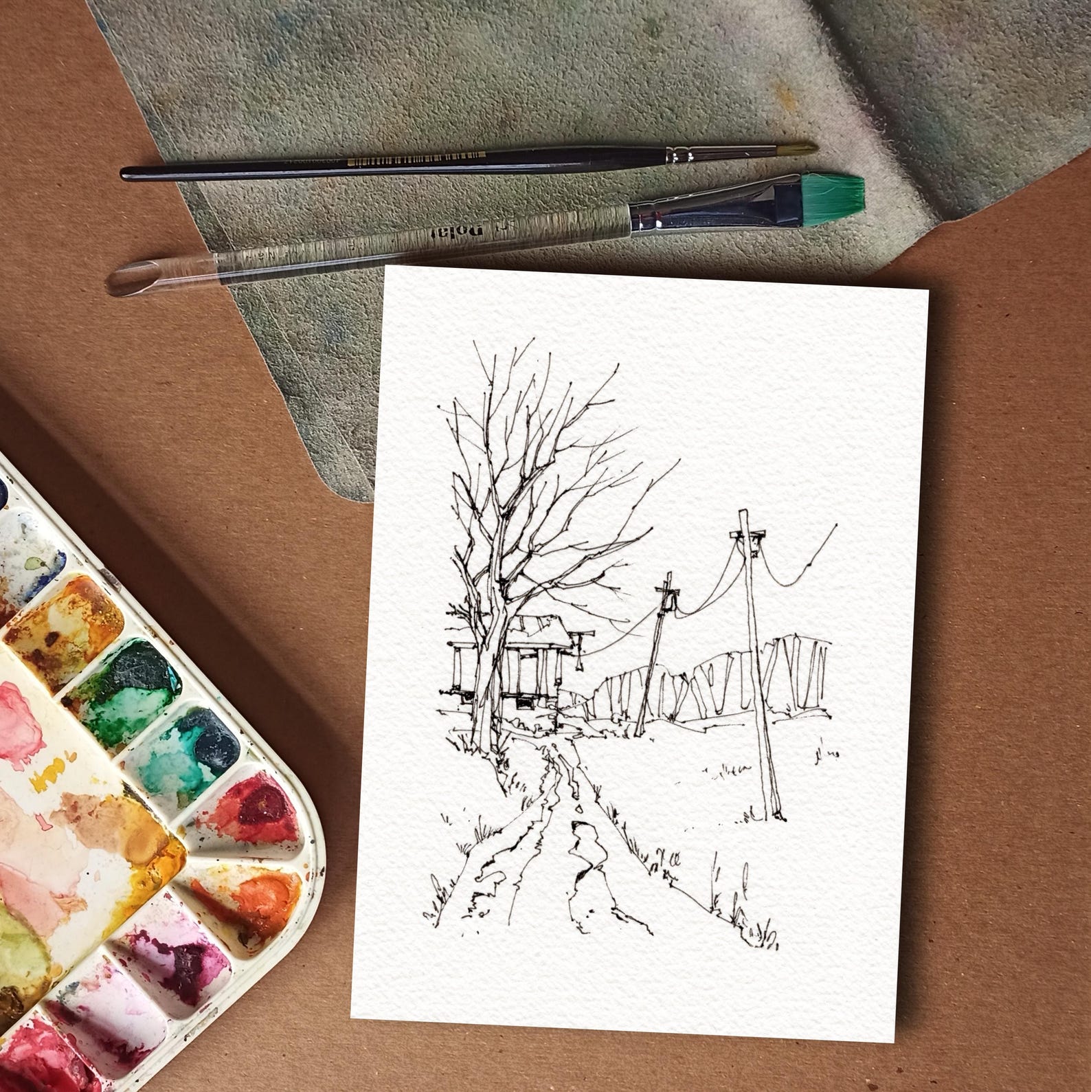Winter Farm Lane Coloring Page, Old Barn Watercolor Fine Art Print ...
