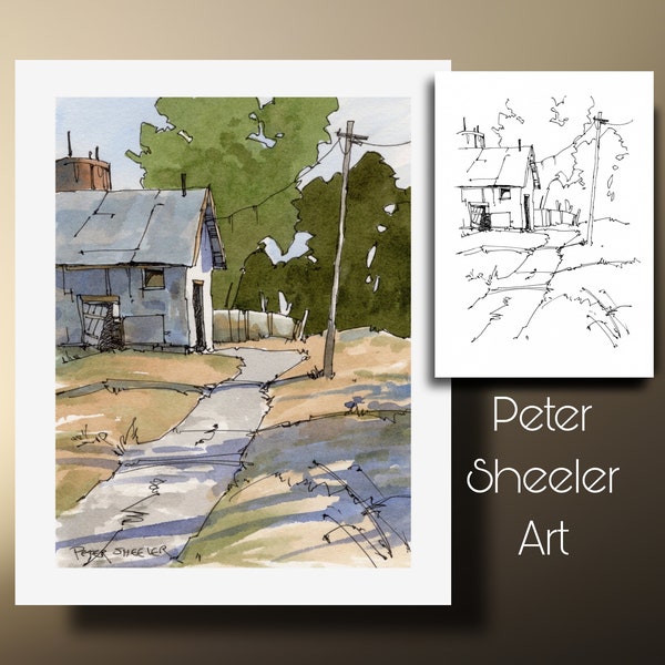 Paint along Farm Shed and Shadows Coloring Page, Watercolor Fine art wall print and greeting card. Printable Instant Download Peter Sheeler