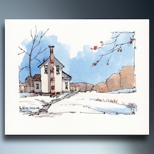 Impression aquarelle de ferme d'hiver et carte de voeux beaux-arts, trait et lavis, paysage, art mural, imprimable, téléchargement immédiat, Peter Sheeler