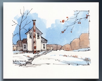 Winter Farmhouse Watercolor Print and fine Art Greeting card, Line and Wash, Landscape, Wall Art, Printable, Instant Download, Peter Sheeler