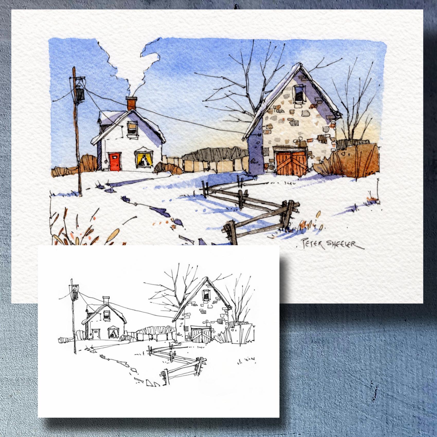 Winter Farm Coloring Page, Old Stone Barn Watercolor Fine Art Print ...