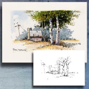 May include: Watercolor painting of a rural landscape featuring a small building, birch trees, and a utility pole. The artwork is signed "Peter Sheeley". A smaller black and white sketch of the same scene is below the painting.