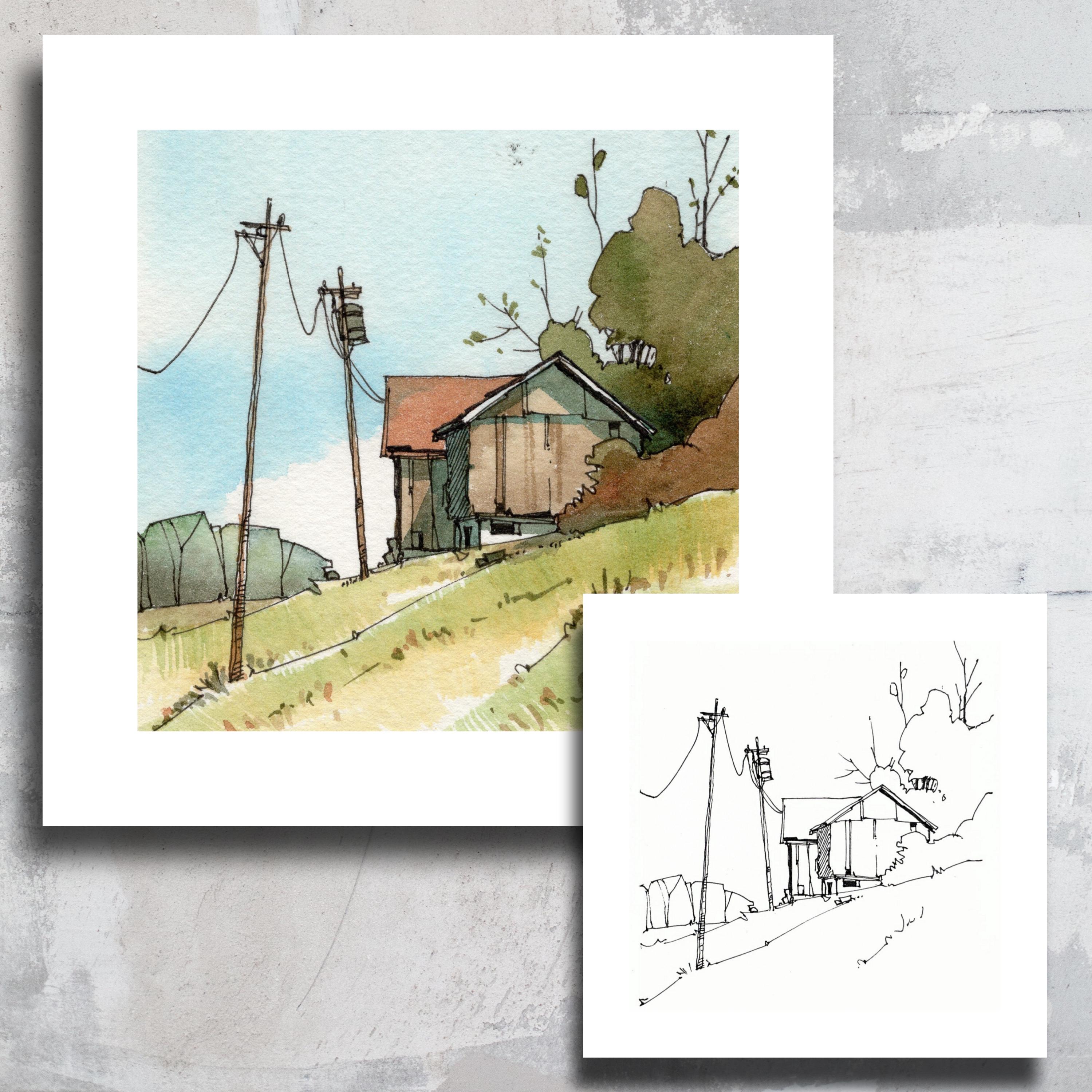 Farm and Barn Scene Coloring Page, Original by Peter Sheeler ...