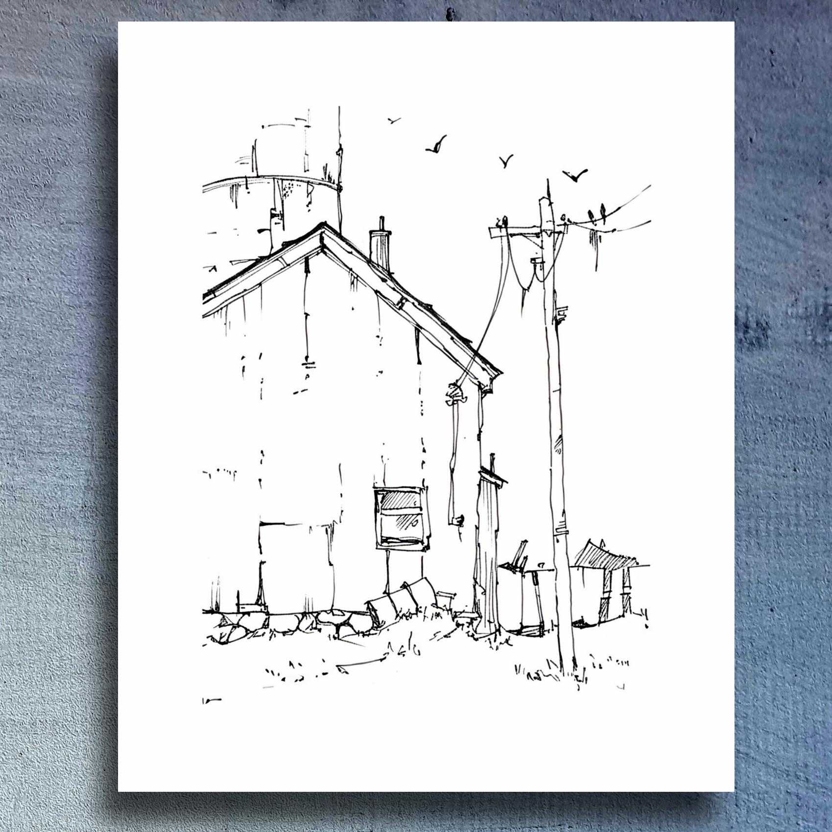 Paint Along Shed and Silo Coloring Page, Line and Wash Watercolor ...