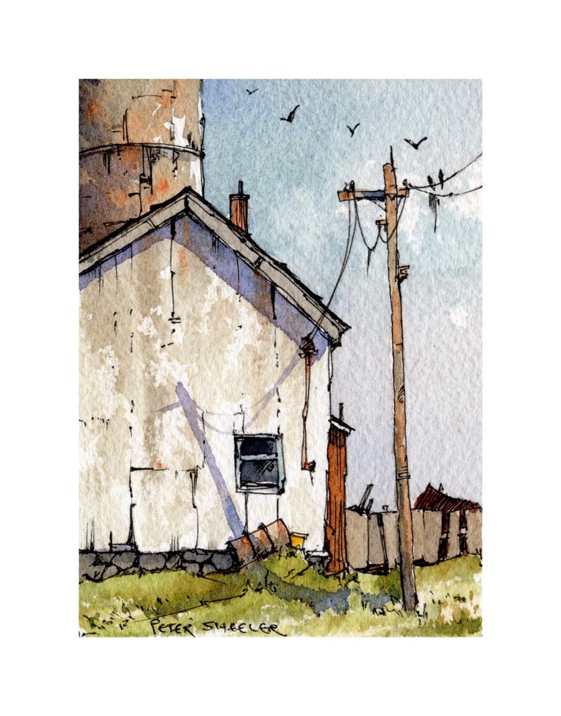 Paint Along Shed and Silo Coloring Page, Line and Wash Watercolor ...