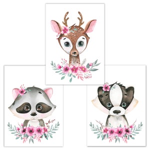 Kinderzimmer Poster Tiere 3er Set DINA4, (Waschbär, Reh, Dachs) Babyzimmer Deko, Kinderzimmer Jungen / Mädchen
