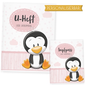 Uheft Hülle und Impfpasshülle mit Namen, Rosa, Pinguin