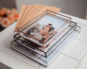 Set of three keepsake photo boxes for photo prints 4x6, 5x7 and 6x8 inches or 10x15, 13x18 and 15x21 cm made of clear glass by Leosklo