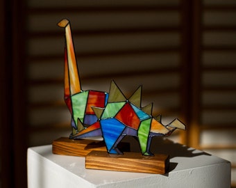 Handmade Stained Glass Dinosaur Suncatchers: Brachiosaurus & Stegosaurus Set