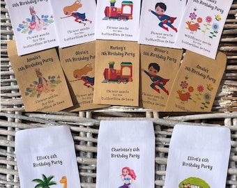 Children's Seed Packet Birthday Party Bag Fillers, Personalised  - White or Recycled Kraft - 8 designs