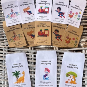 Children's Seed Packet Birthday Party Bag Fillers, Personalised  - White or Recycled Kraft - 8 designs
