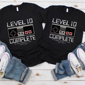10th Wedding Anniversary Gift for Husband Wife, Personalization Level 10 Complete, Anniversary Gift For Him And Her, Gamer Husband Shirt