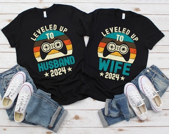 Leveled Up To Husband Wife Shirt, Newlyweds Christmas Gift, New Husband Shirt, Just Married T-shirt, Bride And Groom, Matching Couple, Gamer