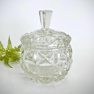 Depression Glass Candy Dish with Lid – Vintage Pressed Glass Trinket Jar, Clear Vanity Jar Collectible