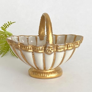 Gold Porcelain Basket with Handle, Royal Crown Decorative Bowl, Elegant Home Decor