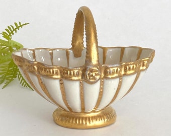 Gold Porcelain Basket with Handle, Royal Crown Decorative Bowl, Elegant Home Decor