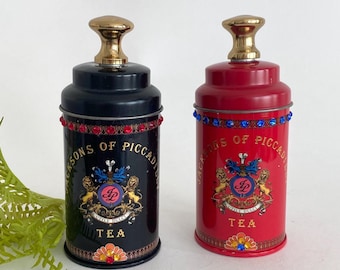 Pair of Vintage Tea Canisters – Upcycled Jacksons of Piccadilly Tins with Crystal Accents, Decorative Kitchen Storage