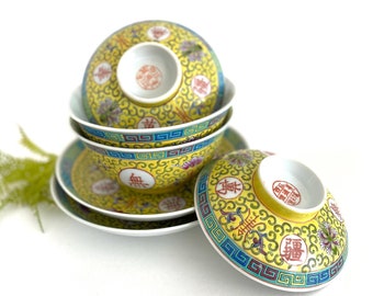 Vibrant Asian Rice Bowl and Plate Set, Yellow and Teal Famille Jaune Porcelain Saucers for Good Luck, Tapas & Desserts