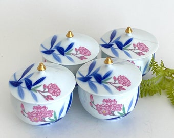 Japanese Cherry Blossom Rice Bowls - Set of 4 Gold Trim Lidded Soup Bowls