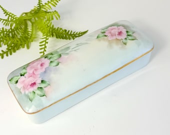 Antique Bavarian Porcelain Butter Dish: Hand Painted Roses, Gold Trim