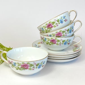 Vintage Wentworth China Teacup & Saucer Set – Pink Rose Floral Bone China, Dainty Tea Party Cups, Gift for Hostess or Collector, Set of Four