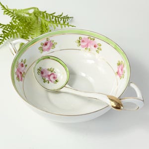 Antique Nippon Soup Bowl with Spoon—Hand-Painted Roses, Green Trim & Gold, Rare Pre-1921 Collectible Porcelain