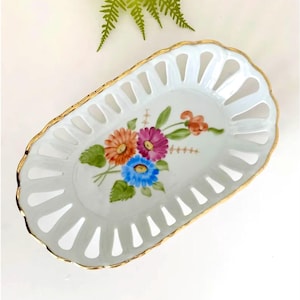 Vintage Romanian Porcelain Basket – Hand Painted Floral Reticulated Dish with Gold Rim, Mid Century Collectible