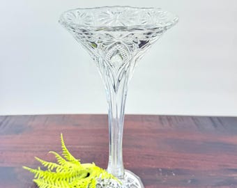 Jarrón trompeta Hobstar acanalado EAPG – Jarrón antiguo de cristal prensado para capullos