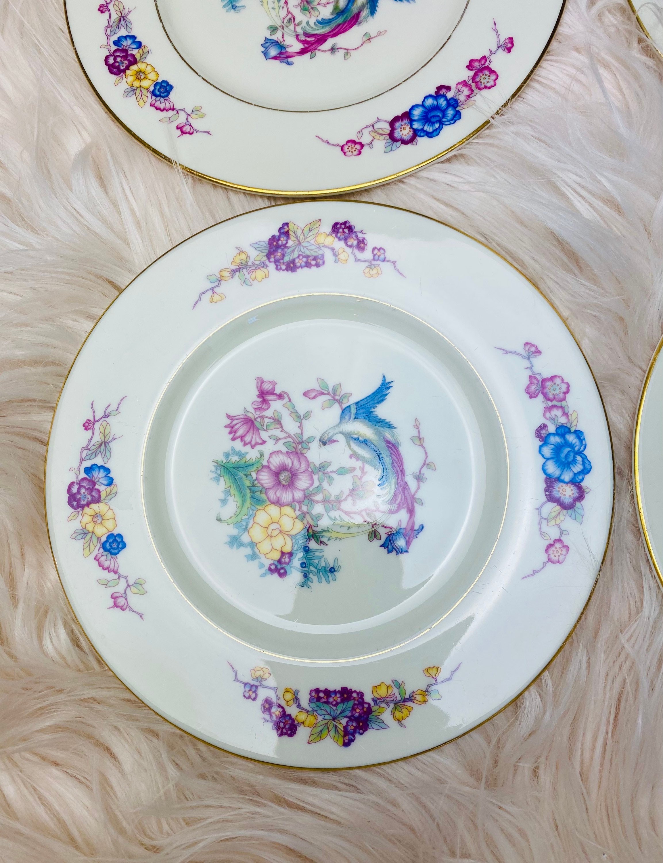 Vintage Pink and Blue Ceramic Salad Plates with Gold Trim Etsy